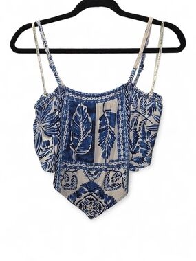 NEW True Destinations Blue Leaf-Print Spaghetti-Strap Women's Crop Top XL